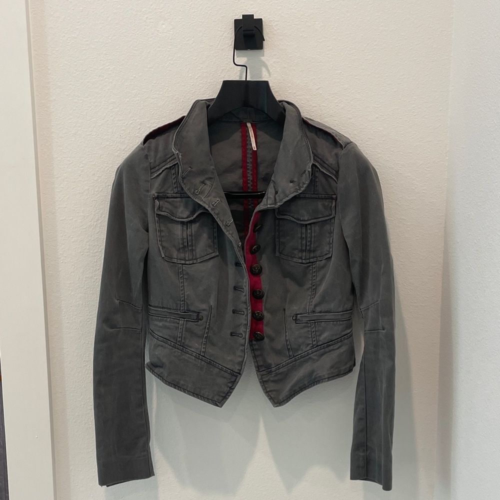 Free People Gray Denim-Style Jacket with Red Trim
